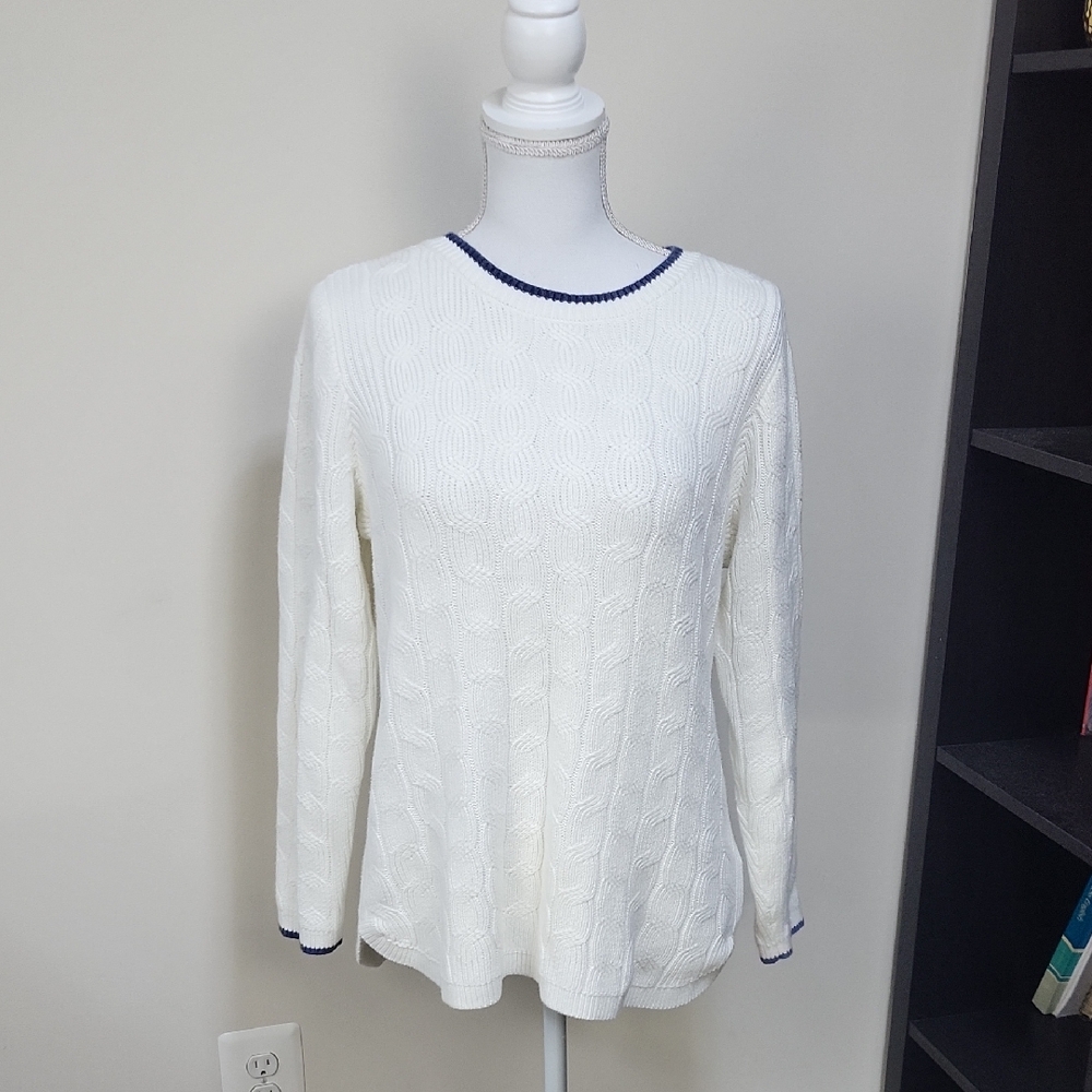 LANDS' END Drifter White with Blue Trim Cotton Crewneck Cableknit Sweater